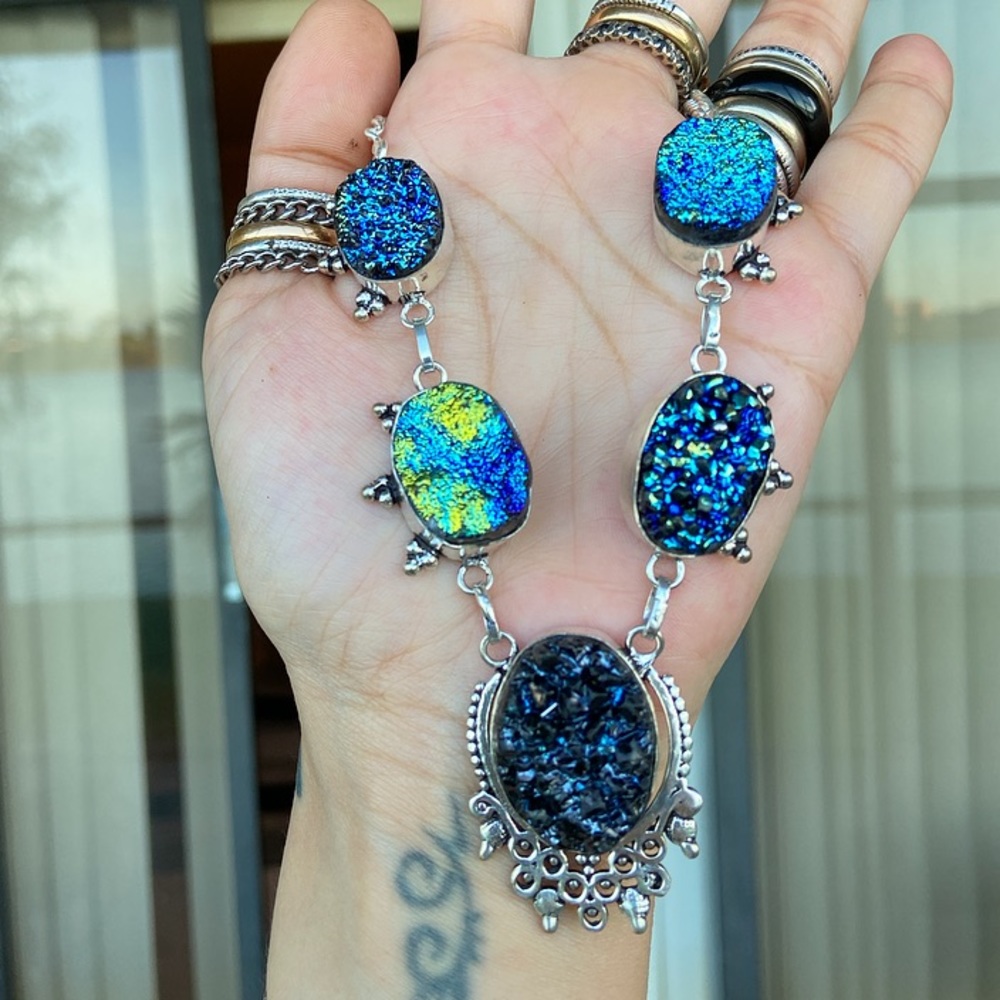 925 Sterling silver blue druzy chocker necklace - Picture 7 of 8